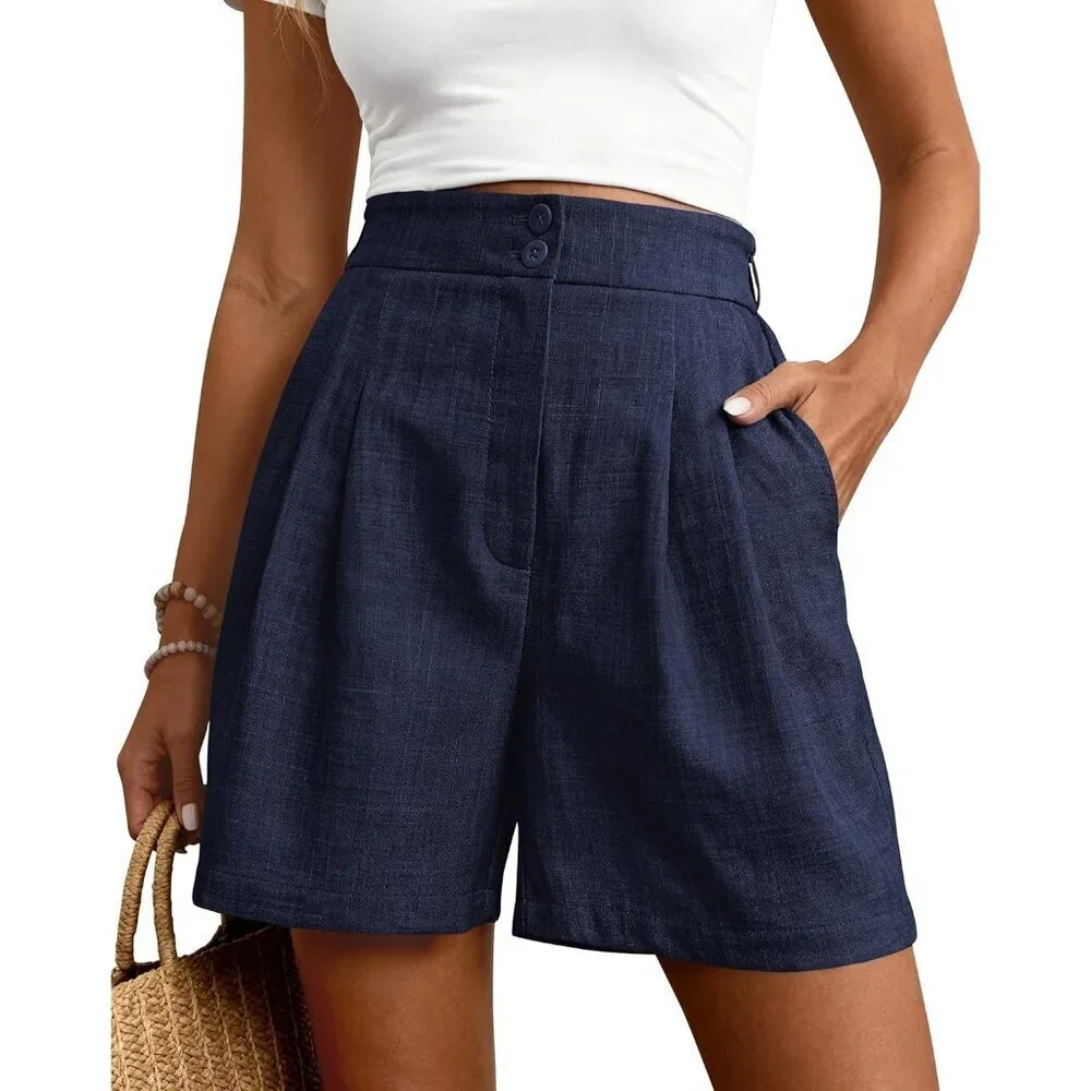 Women's Navy Wide Leg Summer High Waisted Tailored Pleated Business Shorts